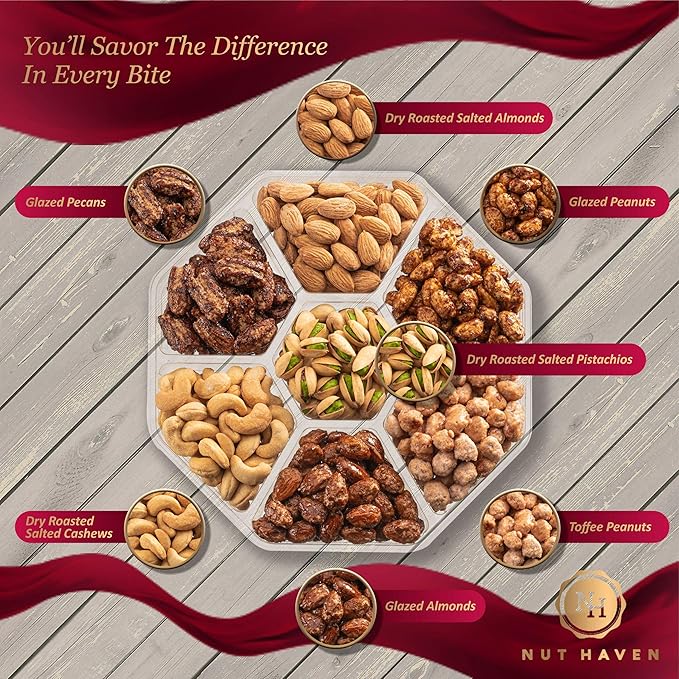 Holiday Nuts Gift Basket - Assortment of Sweet &amp Roasted Salted Gourmet Nuts - Food Gift Box for Him Husband Christmas Fathers Day Mothers Day Sympathy Family Men &amp Women