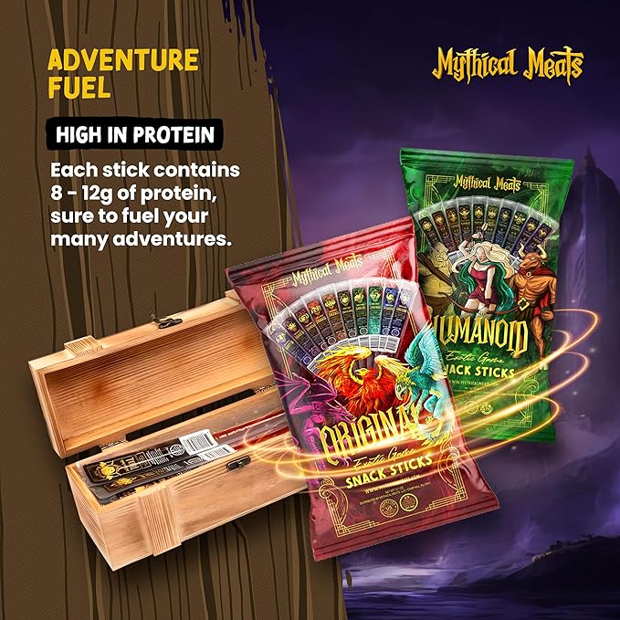 Mythical Meats Deluxe Loot Crate – Indulge in 20 Exotic Game Snack Sticks – Dried &amp Dehydrated Meats Seasoned to Perfection – High Protein &amp Keto Friendly – Collectible Box