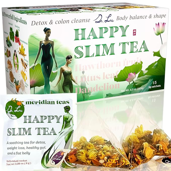 Dr. Lu’s Happy Slim Herbal Tea | 100% Natural Tea for Digestive Comfort &amp Body Balance | Gentle Colon Cleanse Tea for Daily Detox | 11 Herbs incl. Hawthorn Lotus Leaf Burdock Dandelion | Laxati