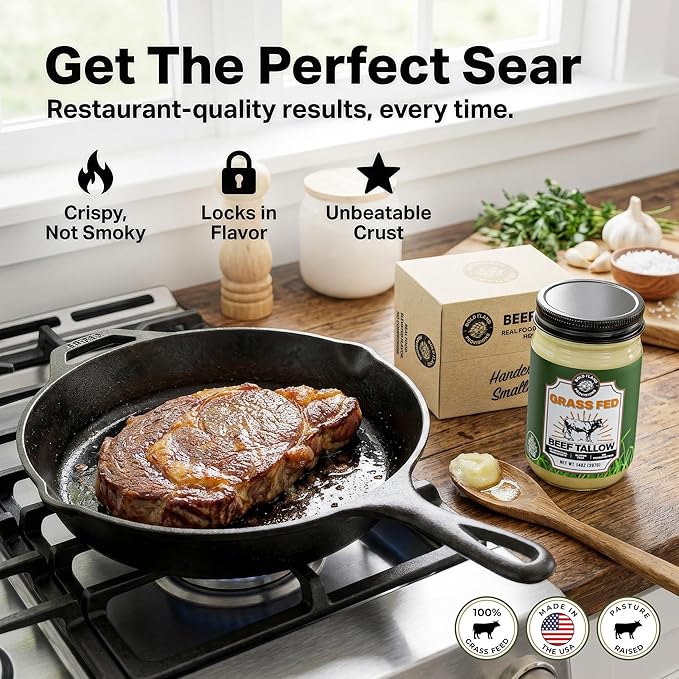 100% Pure Grass Fed Beef Tallow for Cooking – Clean Non-Seed Oil Cooking Fat - Keto and Paleo Diet Friendly – Perfect for Whole 30 – Carnivore Diet – Gluten Free Protein Snacks for Adults – Made in th