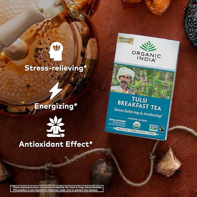 ORGANIC INDIA Tulsi Breakfast Herbal Tea - Black Tea Holy Basil Relieve Stress &amp Energize USDA Organic Non-GMO Caffeinated - 18 Bags 3 Pack