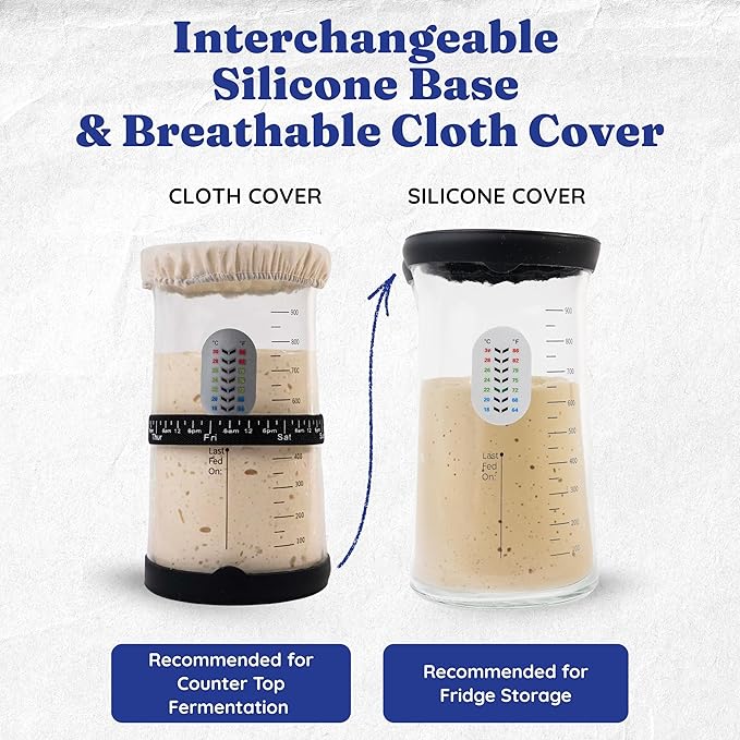 Pro Sourdough Starter Kit -37oz Wide Mouth Sourdough Starter Jar Kit for Bread - Large Glass Sourdough Jar Feeding Band Cloth Cover Spatula &amp Thermometer–Best Sourdough Bread Kit for Beginners