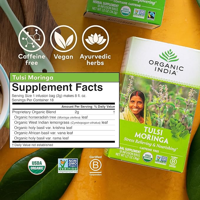ORGANIC INDIA Tulsi Moringa Tea Bags - Holy Basil Lemongrass Moringa Leaves Stress Relieving &amp Nourishing Immune Support Tea Vegan Certified Organic Caffeine-Free - 18 Infusion Bags 6 Pack