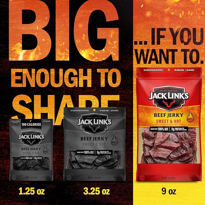 Jack Link's Beef Jerky Sweet &amp Hot Large Jerky Bags - Flavorful Meat Snacks Ready to Eat Protein Snacks 9g of Protein per Serving Made with 100% Beef - 9 Oz. (Pack of 2)