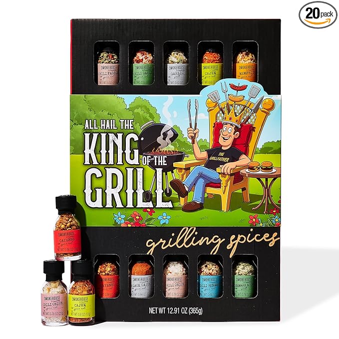 Smokehouse by Thoughtfully Gourmet Ultimate Grilling Spice Set with King of the Grill Wrap Includes 20 BBQ Seasonings &amp Rubs Like Chili Garlic Italian and Cajun Gift for Dad Uncle Husband