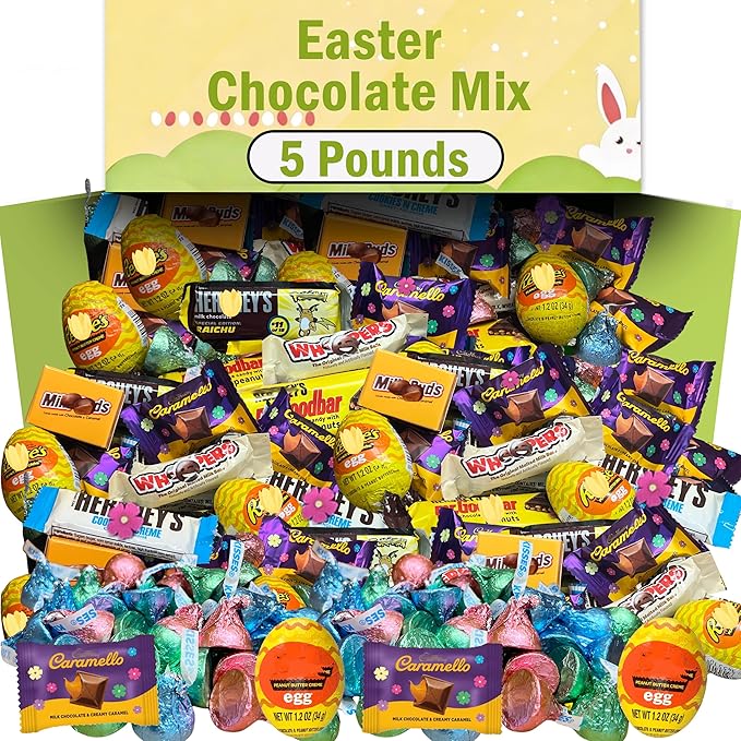 Easter Chocolate Candy Mix Bulk 5 Lbs Individually Wrapped Easter Candy Assortment Variety of Spring Themed Milk Chocolate Bars and Miniatures for Egg Hunts Basket Stuffers Easter Chocolate Gift