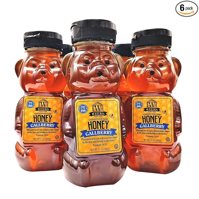 Weeks Pure Raw &amp Unfiltered Gallberry Honey - 12 oz Bear 6 Pack Kosher Certified Gluten-Free All-Natural Southern Rich Floral Flavor for Tea Baking &amp Wellness Premium Georgia Holly Honey