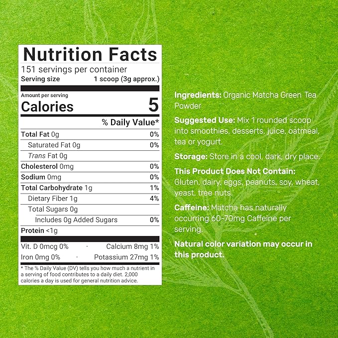 Organic Matcha Green Tea Powder 1 lb (454g) | First Harvest Culinary Grade | Japanese Sourced Cafe Mix | Zero Sugar Keto Friendly Non-GMO Vegetarian