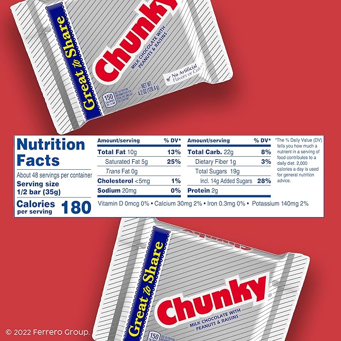 Chunky Milk Chocolate with Peanuts and Raisins Individually Wrapped Candy Bar Share Pack 2.5.oz each Bulk 24 Pack