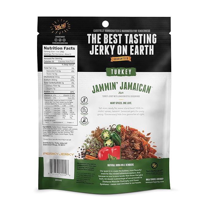 Perky Jerky Jammin' Jamaican Turkey Jerky 2.2oz (Pack of 12) - Low Sodium - 10g Protein per Serving - Low Fat - 100% U.S. Sourced - Tender Texture