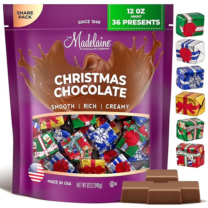 Madelaine Milk Chocolate Christmas Presents – Individually Wrapped Holiday Chocolates for Kids – Christmas Candy Stocking Stuffers &amp Holiday Gift Basket Treats – 12 oz Bag (Approx. 36 Pieces)