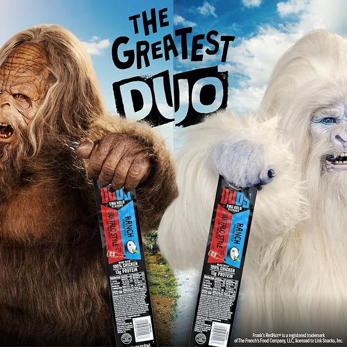 Jack Link's DUOs Chicken Jerky Meat Snack Sticks with 13g Protein - Frank's RedHot Buffalo Style With Creamy Ranch Made with 100% Chicken Two Flavors in One Package 1.84oz (10 Pack of 2 Sticks)