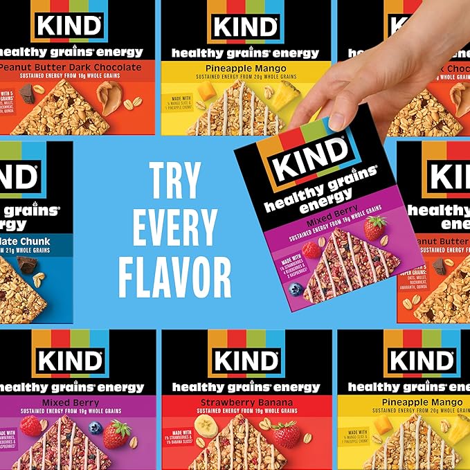 KIND Healthy Grains Energy® Bars 30ct Variety Pack Dark Chocolate Chunk Peanut Butter Dark Chocolate and Mixed Berry 18-21g Whole Grains Made with Super Grains Gluten Free Snacks