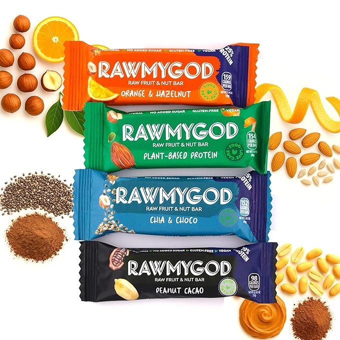 RAWMYGOD Fruit and Nut Bars Gluten Free Vegan No Added Sugar (16 bars Protein Pack - 4 Orange &amp Hazelnut 4 Fruit &amp Nut 4 Chia &amp Choco 4 Peanut &amp Cacao)