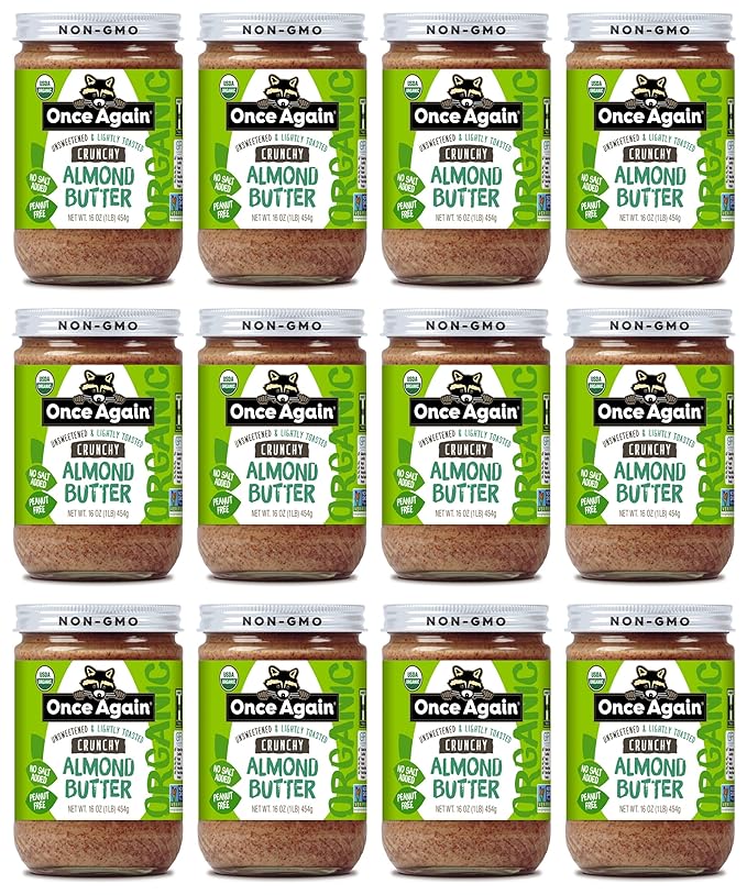 Once Again Organic Crunchy Almond Butter 16oz - Lightly Toasted - Salt Free Unsweetened - USDA Organic Gluten Free Certified Peanut Free Vegan Kosher Paleo - Glass Jar - 12 Pack
