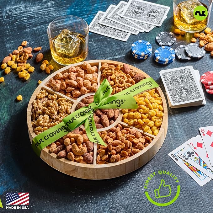 NUT CRAVINGS - Easter Mixed Nuts Gift Basket in Reusable Round Wooden Tray + Green Ribbon (7 Assortments) Ramadan Gifts Saint Patrick's Day Treats for Adults Healthy Snack Care Package Kosher
