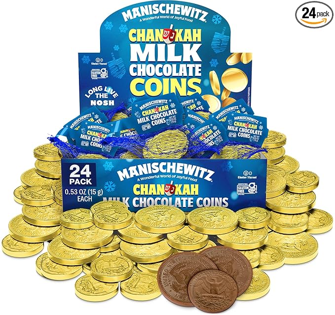 Manischewitz Milk Chocolate Gold Coins Hanukkah Gelt (24 Mesh Bags) Individually Wrapped Perfect for Chanukah | St. Patrick’s Day Chocolate | Gluten Free | Kosher (Cholov Yisroel) | For Holidays | As