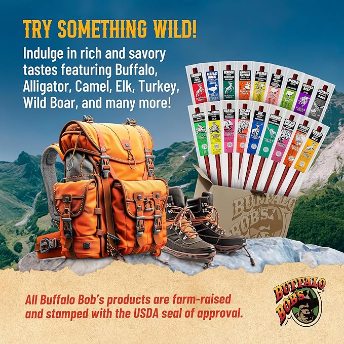 Buffalo Bob's Wild Game Meat Snacks (1oz Stick 10 Pack) Exotic Variety Assortment Sampler Gift for Men/Dad Stocking Stuffer Adventure Enthusiast