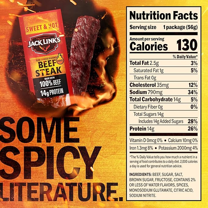 Jack Link's Beef Steak Sweet &amp Hot - Protein Snacks Meat Snack with 14g of Protein Made with 100% Beef Individually Wrapped Bulk Snack Pack - 2 Oz. (12 Count)