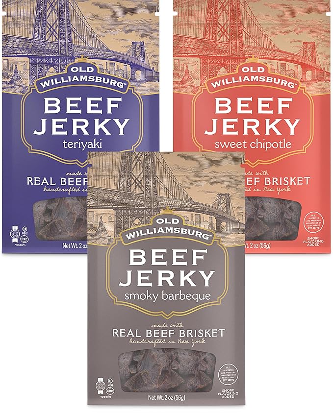 Old Williamsburg Kosher Beef Jerky Variety Pack 2oz | Teriyaki Sweet Chipotle Smoky BBQ | Real Beef Brisket | Hand Crafted Jerky | Gluten Free Meat Snack | Protein Packed | Kosher Beef Jerky