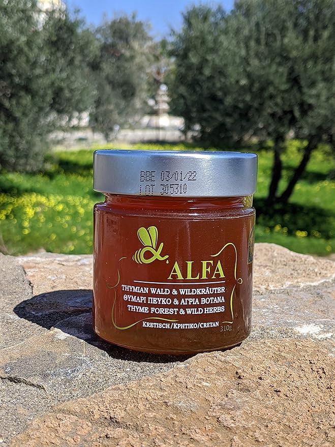 Alfa Honey – 100% Pure Raw Cretan Thyme Honey | Award-Winning | Unfiltered &amp Unprocessed | From the Mountains of Crete | 450 gram glass jar