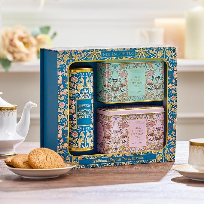 New English Teas Traditional Tea &amp Cookies Gift Set with 80 English Breakfast Teabags &amp Cornish Cookies