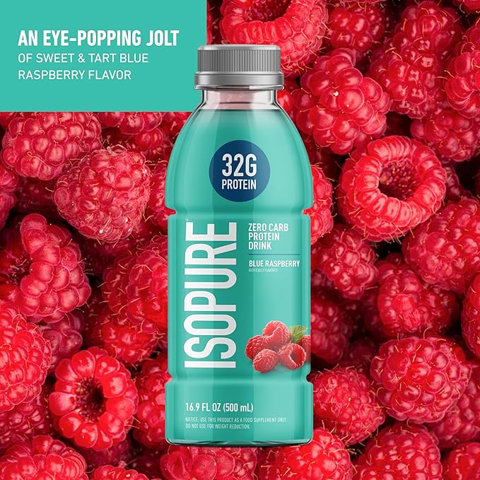 Isopure Zero Carb 32g Clear Protein Ready-to-Drink Whey Protein Isolate Blue Raspberry 12 Pack (Packaging May Vary)