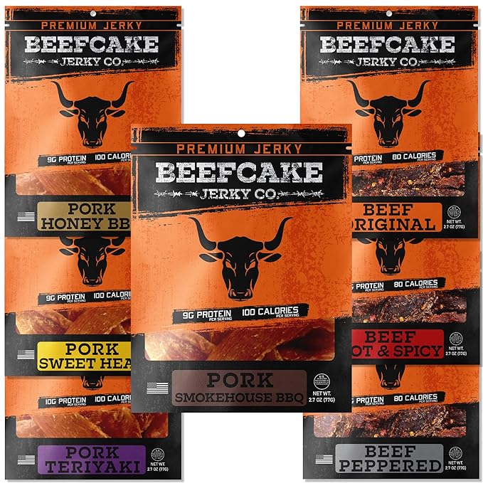 Beefcake Jerky Ultimate Flavor Sampler (7-Pack) - Gourmet Beef Jerky Variety 9g Protein 80-100 Calories 2.7 Oz Each - Premium Meat Snacks