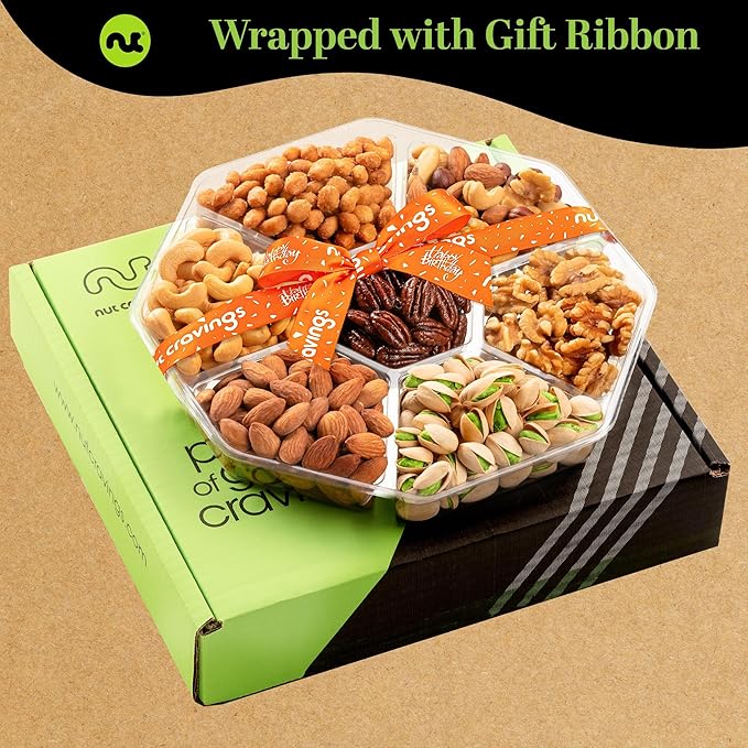 NUT CRAVINGS - Happy Birthday Treats Mixed Nuts Gift Basket with Bday Ribbon (7 Assortments) Food Platter Healthy Snack Care Package Food Assortments