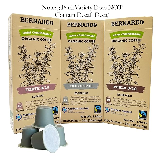 Bernardo Variety: Dolce Perla Forte USDA Organic Espresso Capsules Compatible with Nespresso Original Line Biodegradable and Home Compostable Pods. (3 Pack 30 Capsules)