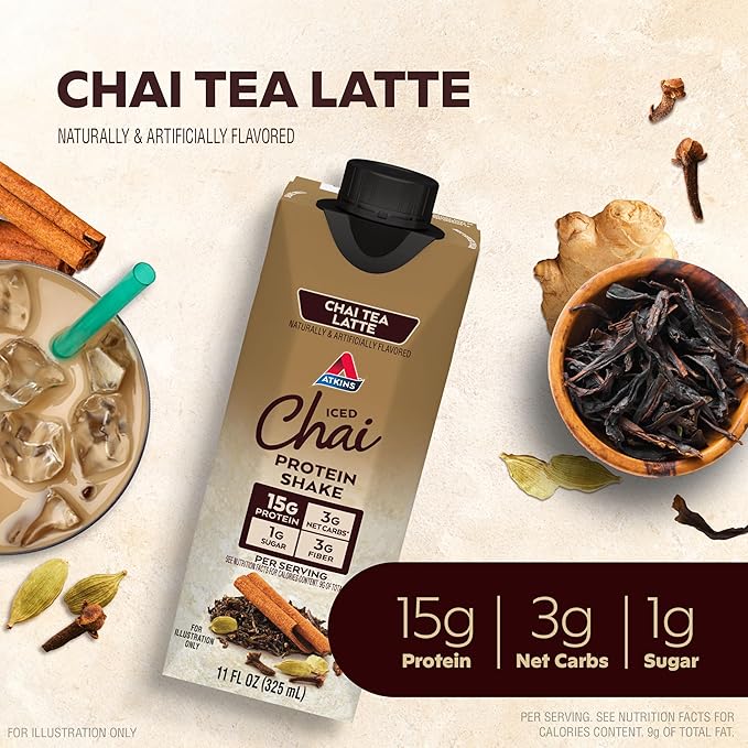 Atkins Chai Tea Latte Protein Shake with 15g Protein 3g Net Carb 1g Sugar + Atkins Peanut Butter Protein Wafer Crisps with 10g Protein 4g Net Carb 1g Sugar 5 Count