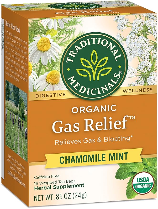 Traditional Medicinals Organic Gas Relief Chamomile Mint Herbal Tea Relieves Gas &amp Bloating (Pack of 3) - 48 Tea Bags Total
