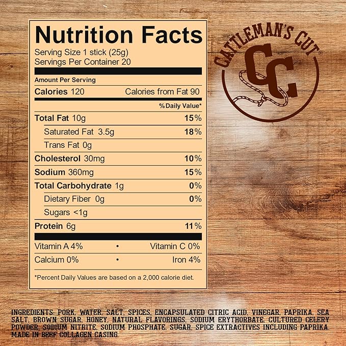 Cattleman's Cut Hot &amp Spicy Smoked Sausages Meat Sticks Premium Bulk Protein Snacks Keto Friendly Gluten Free Carnivore Travel Snack Individually Wrapped 0.9 Ounce Pack of 20