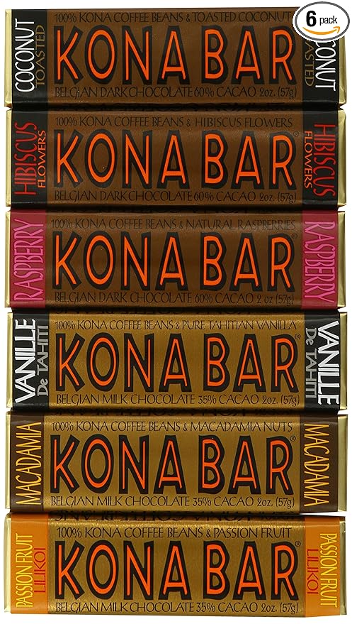 Kona Bar Chocolate Coffee Bar's luau Variety Pack All Flavors 6 Count (Pack of 6)