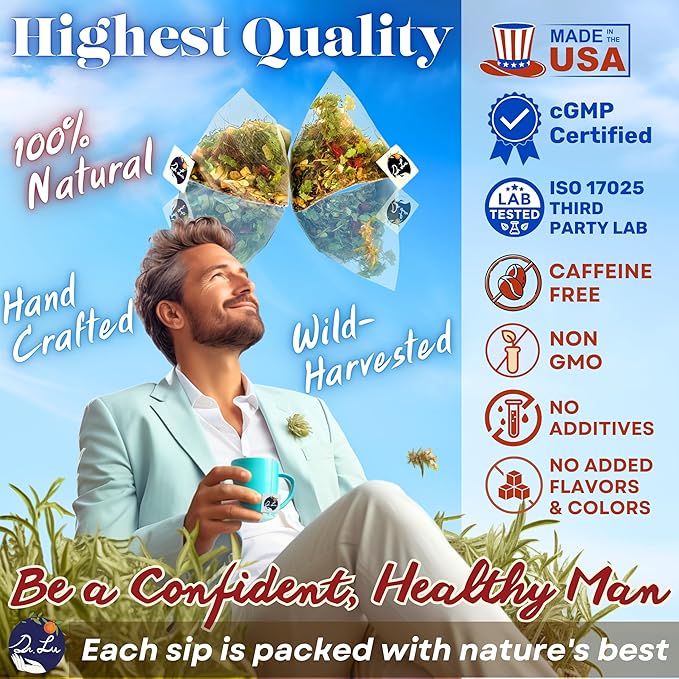 Dr. Lu’s Happy Tea for Guy | 100% Natural Energy Tea for Men | Supports Prostate Vitality &amp Fertility | 11-Herb Blend with Maca Corn Silk &amp Hibiscus in Corn Fiber Tea Bags Made in USA