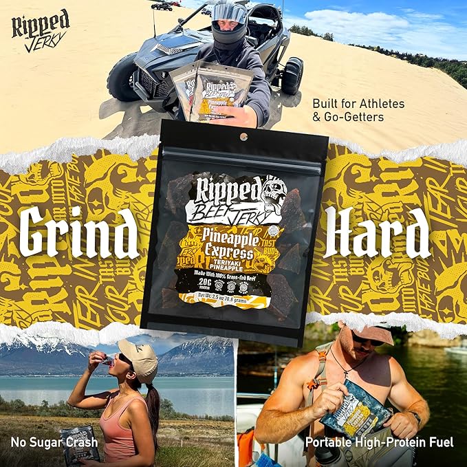 Ripped Beef Jerky - 100% Grass Fed Beef 20g Protein Real Ingredients Gluten Free No MSG Made in USA (Pack of 3 Pineapple)