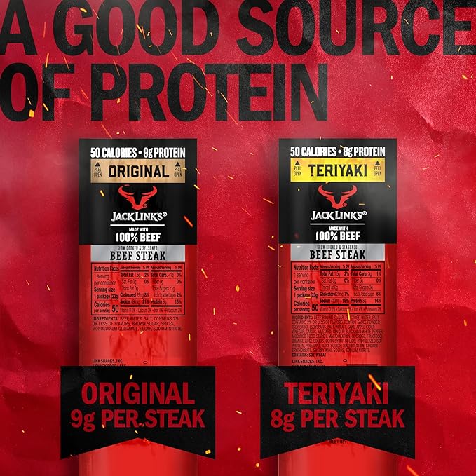 Jack Link's Beef Steak Original and Teriyaki - Protein Snacks Meat Snack Good Source of Protein Made with 100% Beef Individually Wrapped Bulk Snack Pack - 0.8 Oz. (12 Count)