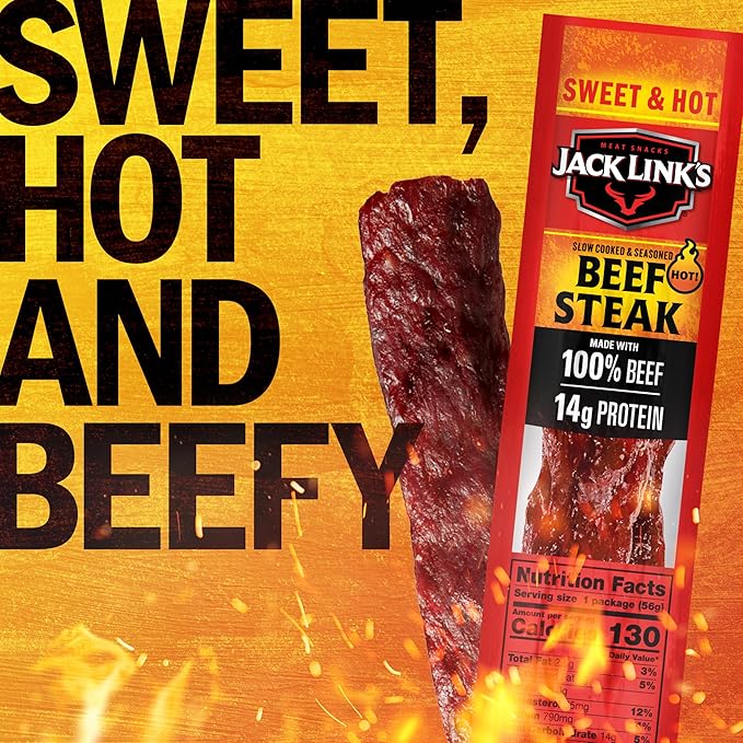 Jack Link's Beef Steak Sweet &amp Hot - Protein Snacks Meat Snack with 14g of Protein Made with 100% Beef Individually Wrapped Bulk Snack Pack - 2 Oz. (12 Count)