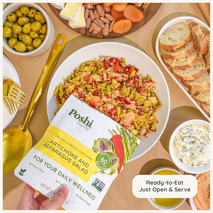 POSHI Artichoke &amp Asparagus Salad Natural Keto Vegan Non GMO Low Carb + Calorie Gluten Free Ready to Eat Fully Cooked Vegetables Pentry Food Gourmet Healthy Travel Food 6 Pack 4.4 oz