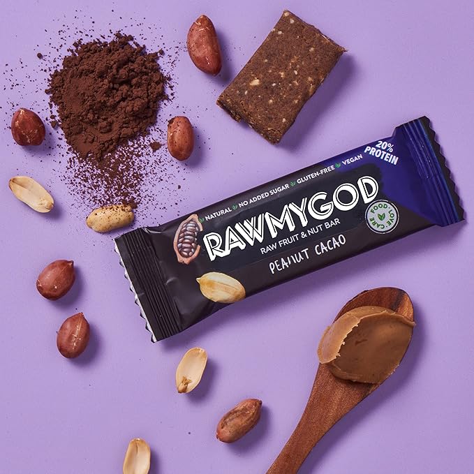 RAWMYGOD Fruit and Nut Bars Good Source of Protein (5g 20% protein content) Gluten Free Vegan No Added Sugar (20 bars Peanut &amp Cacao)