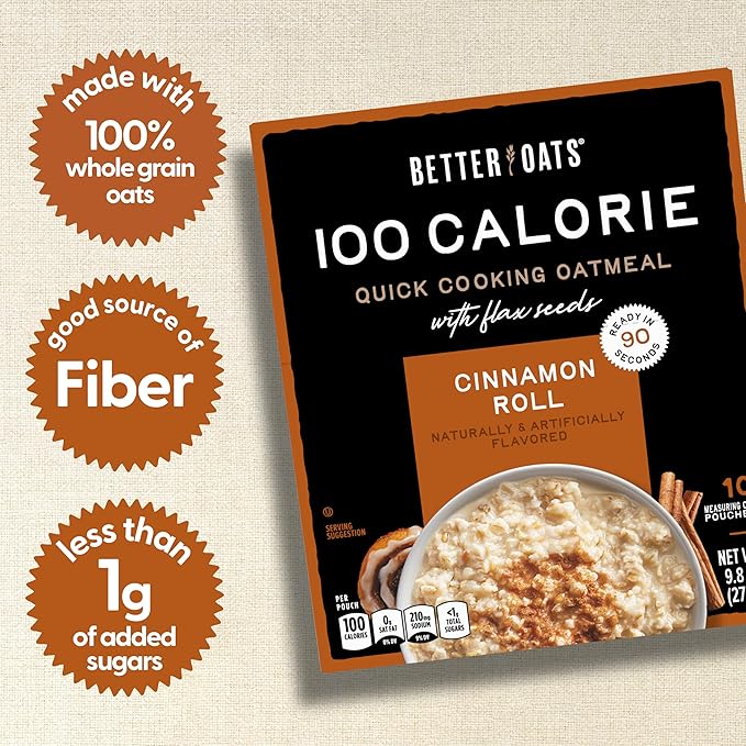 Better Oats 100 Calorie Cinnamon Roll Oatmeal Packets Flax Seeds and Whole Grains Instant Breakfast Cooks in 90 Seconds Box of 10 Pouches (Pack of 6)