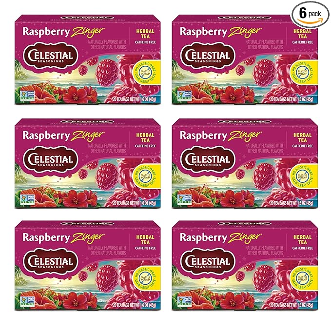 Celestial Seasonings Raspberry Zinger Herbal Tea Caffeine Free 20 Tea Bags Box 6-Pack