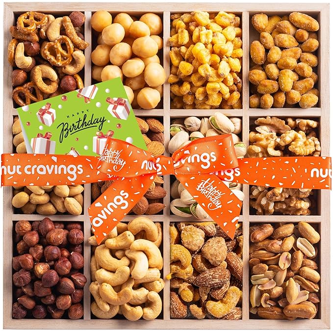 NUT CRAVINGS Gourmet Collection - Happy Birthday Treats Nuts Gift Basket with Bday Ribbon in Reusable Wooden Tray (12 Assortments) Food Arrangement Healthy Snack Care Package Food Assortments