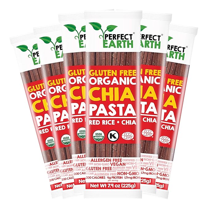 Perfect Earth Organic Red Rice Pasta with Chia Seeds - Organic Vegan Keto Kosher Allergen-Free Gluten-Free Low Carb Pasta - for Healthy Delicious and Convenient Meals - 6 Pack (7.9 Oz Each)