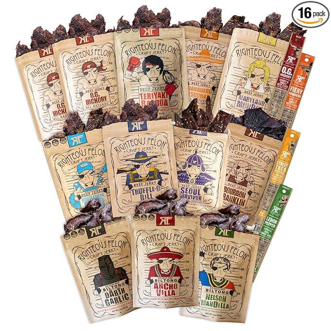 Righteous Felon Beef Jerky &amp Meat Sticks Variety Pack | Beef Jerky Gifts for Men | High Protein Keto Low Sugar | Made with Premium Meats | Gluten Free Beef Jerky Snack Packs | Whole Shebang 16 P