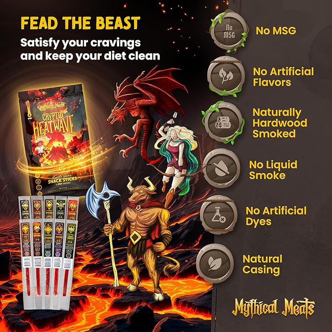 Mythical Meats Cryptid Heatwave Spicy Variety Pack – 10 Legendary Exotic Game &amp Beef Snack Sticks – Dried &amp Dehydrated Meats Seasoned to Perfection – Spicy Flavors Low Sugar &amp High Protei