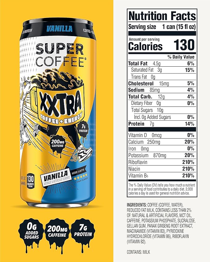 Super Coffee XXTRA Keto Protein Coffee (0g Added Sugar 7g Protein 130 Calories) [Vanilla] 15 Fl Oz 12 Pack | Iced Smart Coffee Drinks - SoyFree GlutenFree