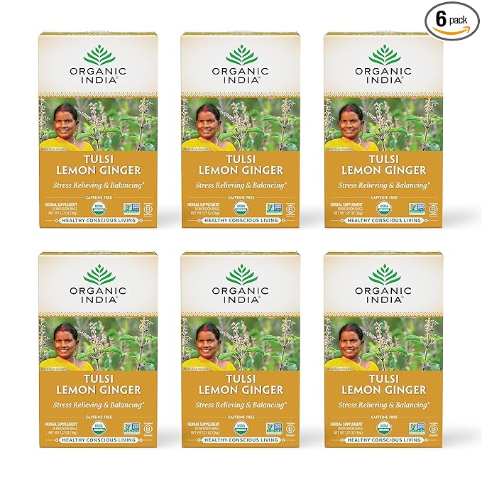 Organic India Tulsi Lemon Ginger Tea Bags - Herbal Tea Stress Relieving &amp Reviving Immune Support Aids Digestion Vegan USDA Certified Organic Non-GMO Caffeine-Free - 18 Infusion Bags 6 Pac