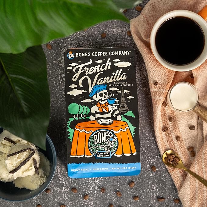 Bones Coffee Company French Vanilla Creamy Vanilla and Highland Grog Butterscotch Caramel Flavored Coffee Medium Roast Low Acid Arabica Beans 12 Oz Ground