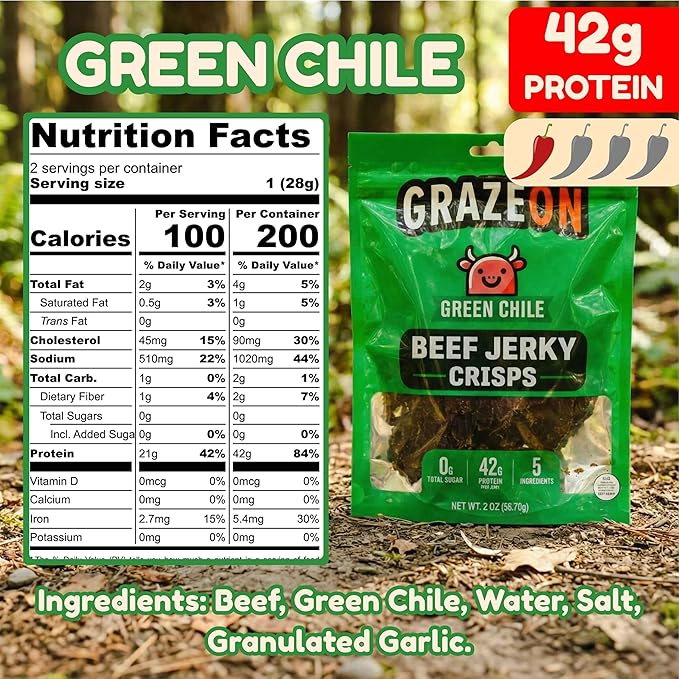 GrazeOn Beef Jerky Crisps Variety Pack - High Protein No Sugar Crunchy Air-Dried Meat Snack All-Natural Low Carb Keto Paleo Whole30 Spicy Pack All Natural Jerky Sampler with Red Chile Jalapeñ